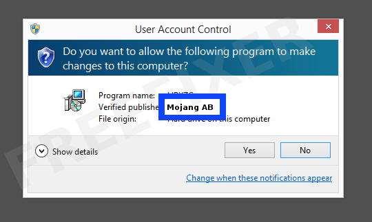 Screenshot where Mojang AB appears as the verified publisher in the UAC dialog